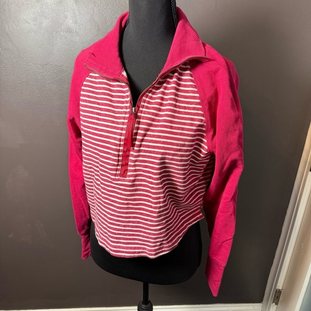 Pilcro Anthropologie Pink Striped Quarter Zip Pullover | Size Medium - Picture 1 of 4